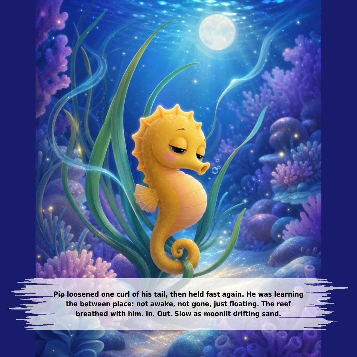 Pip loosened one curl of his tail, then held fast again. He was learning
the between place: not awake, not gone, just floating. The reef
breathed with him. In. Out. Slow as moonlit drifting sand.