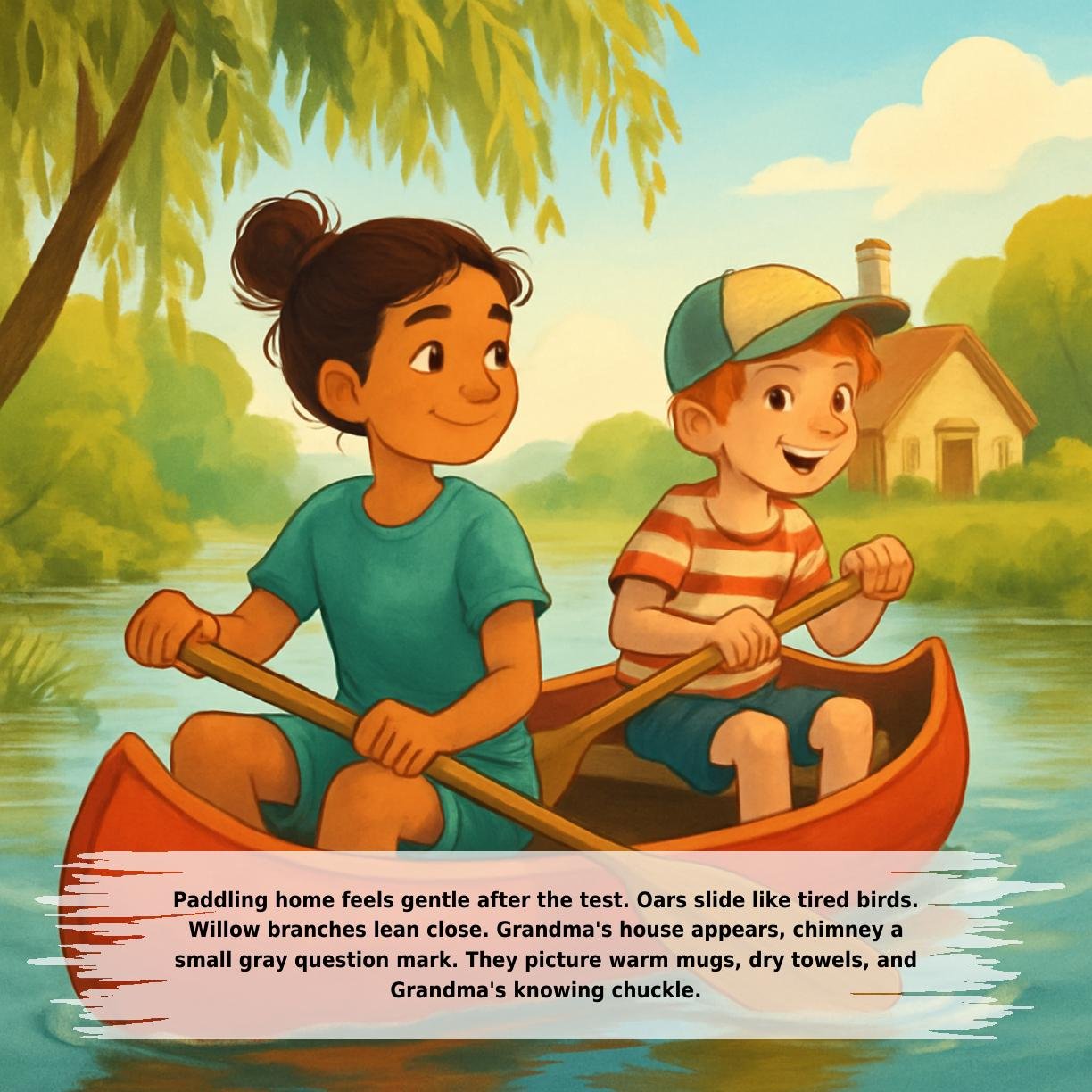 Paddling home feels gentle after the test. Oars slide like tired birds.
Willow branches lean close. Grandma's house appears, chimney a
small gray question mark. They picture warm mugs, dry towels, and
Grandma's knowing chuckle.