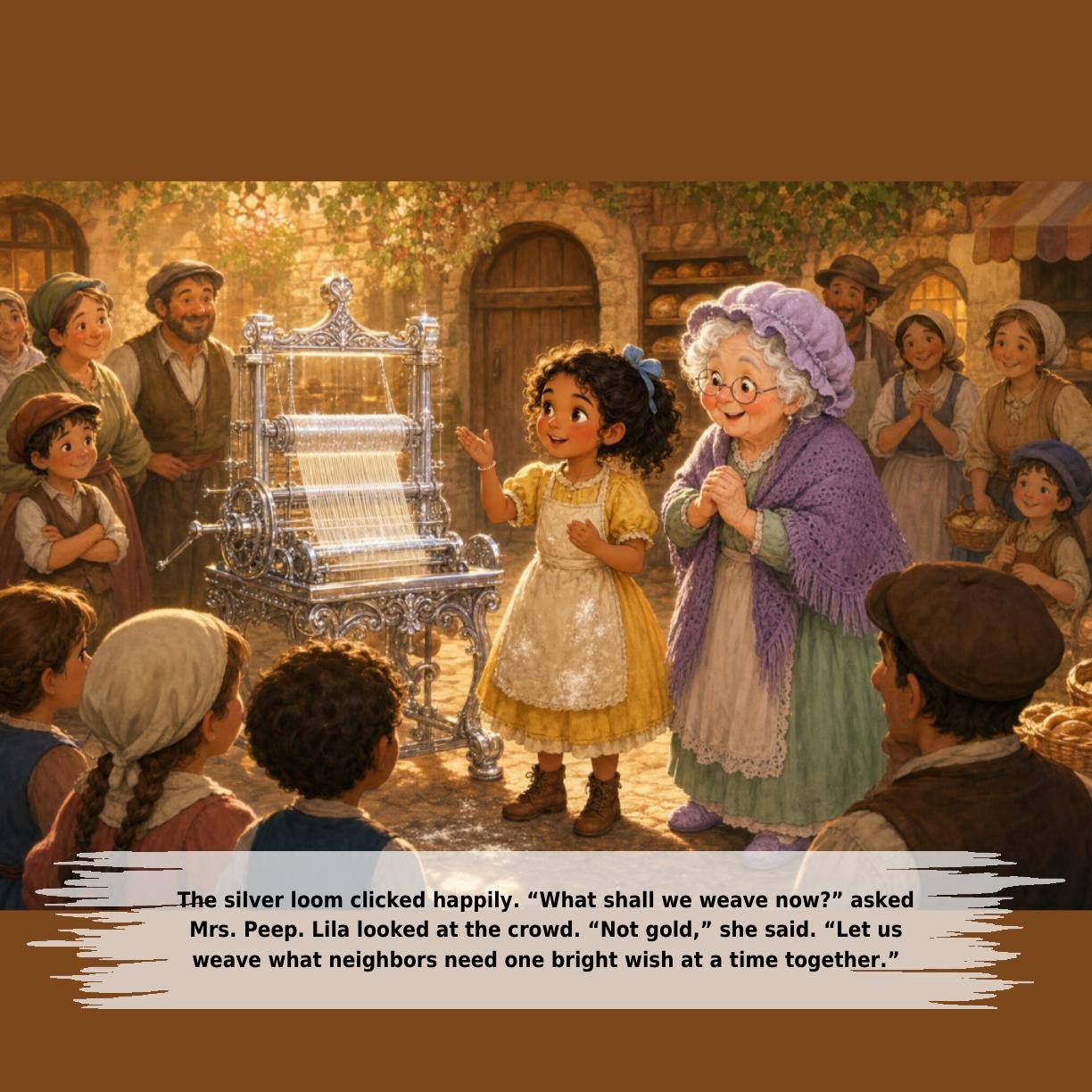 The silver loom clicked happily. “What shall we weave now?” asked
Mrs. Peep. Lila looked at the crowd. “Not gold,” she said. “Let us
weave what neighbors need one bright wish at a time together.”