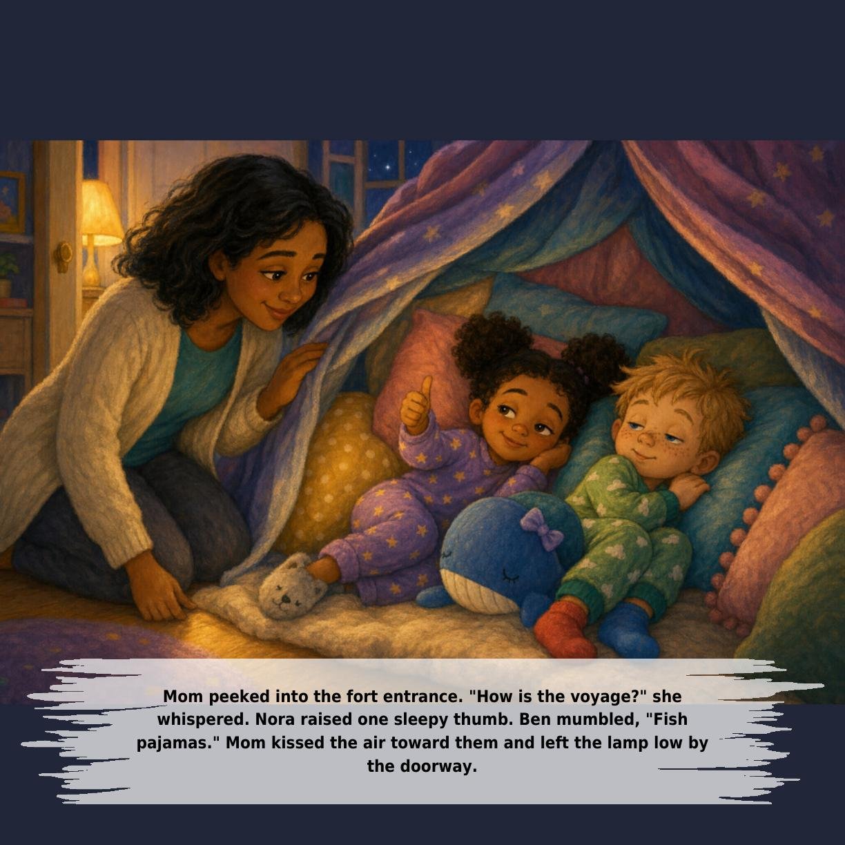 Mom peeked into the fort entrance. "How is the voyage?" she
whispered. Nora raised one sleepy thumb. Ben mumbled, "Fish
pajamas." Mom kissed the air toward them and left the lamp low by
the doorway.