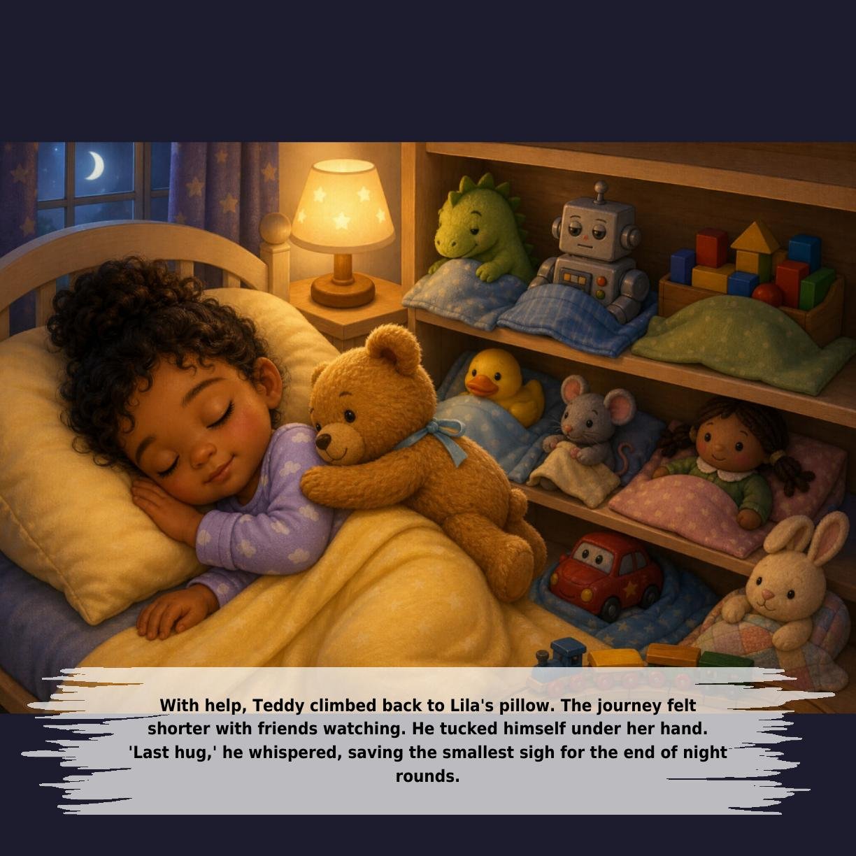 With help, Teddy climbed back to Lila's pillow. The journey felt
shorter with friends watching. He tucked himself under her hand.
'Last hug,' he whispered, saving the smallest sigh for the end of night
rounds.
