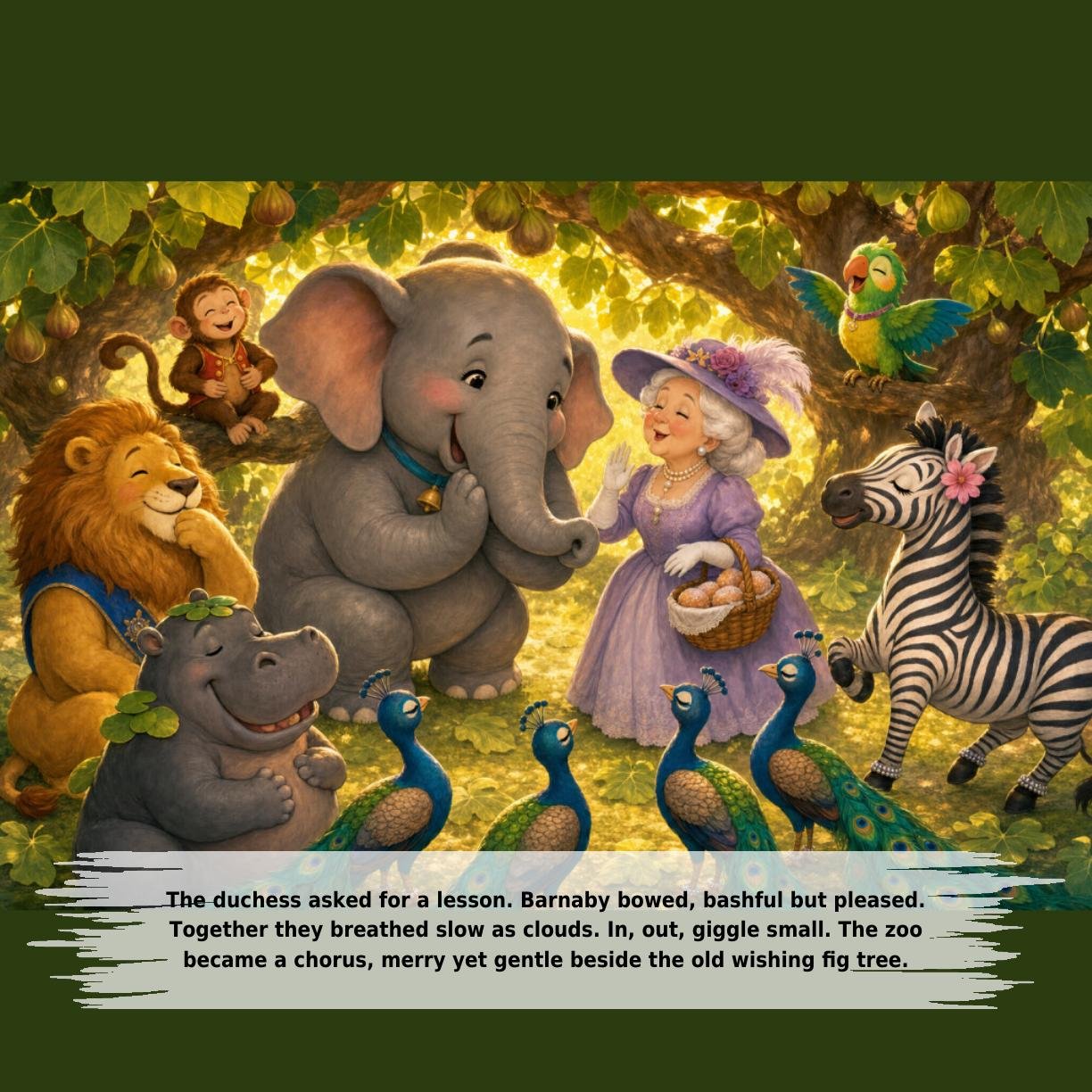 The duchess asked for a lesson. Barnaby bowed, bashful but pleased.
Together they breathed slow as clouds. In, out, giggle small. The zoo
became a chorus, merry yet gentle beside the old wishing fig tree.