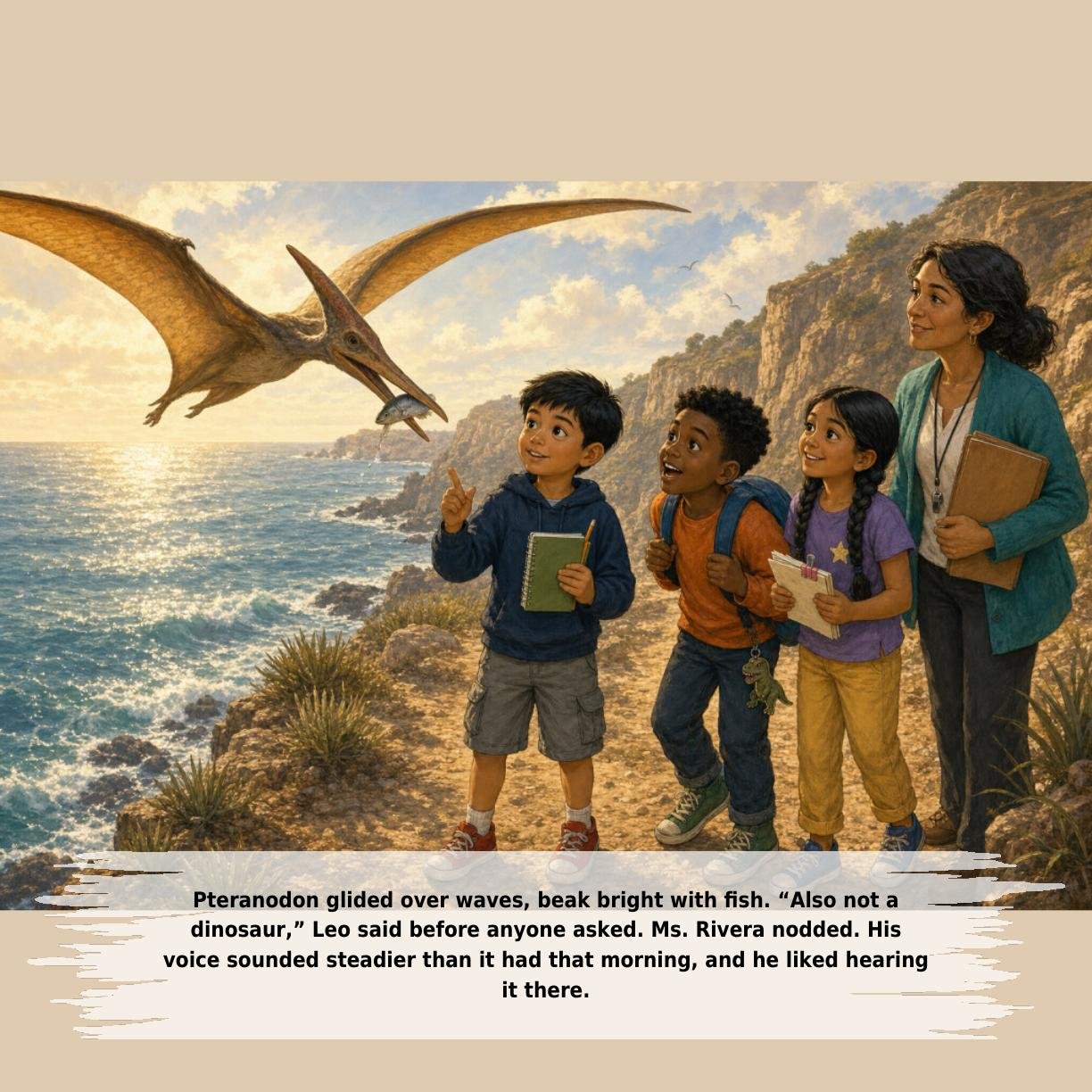 Pteranodon glided over waves, beak bright with fish. “Also not a
dinosaur,” Leo said before anyone asked. Ms. Rivera nodded. His
voice sounded steadier than it had that morning, and he liked hearing
it there.