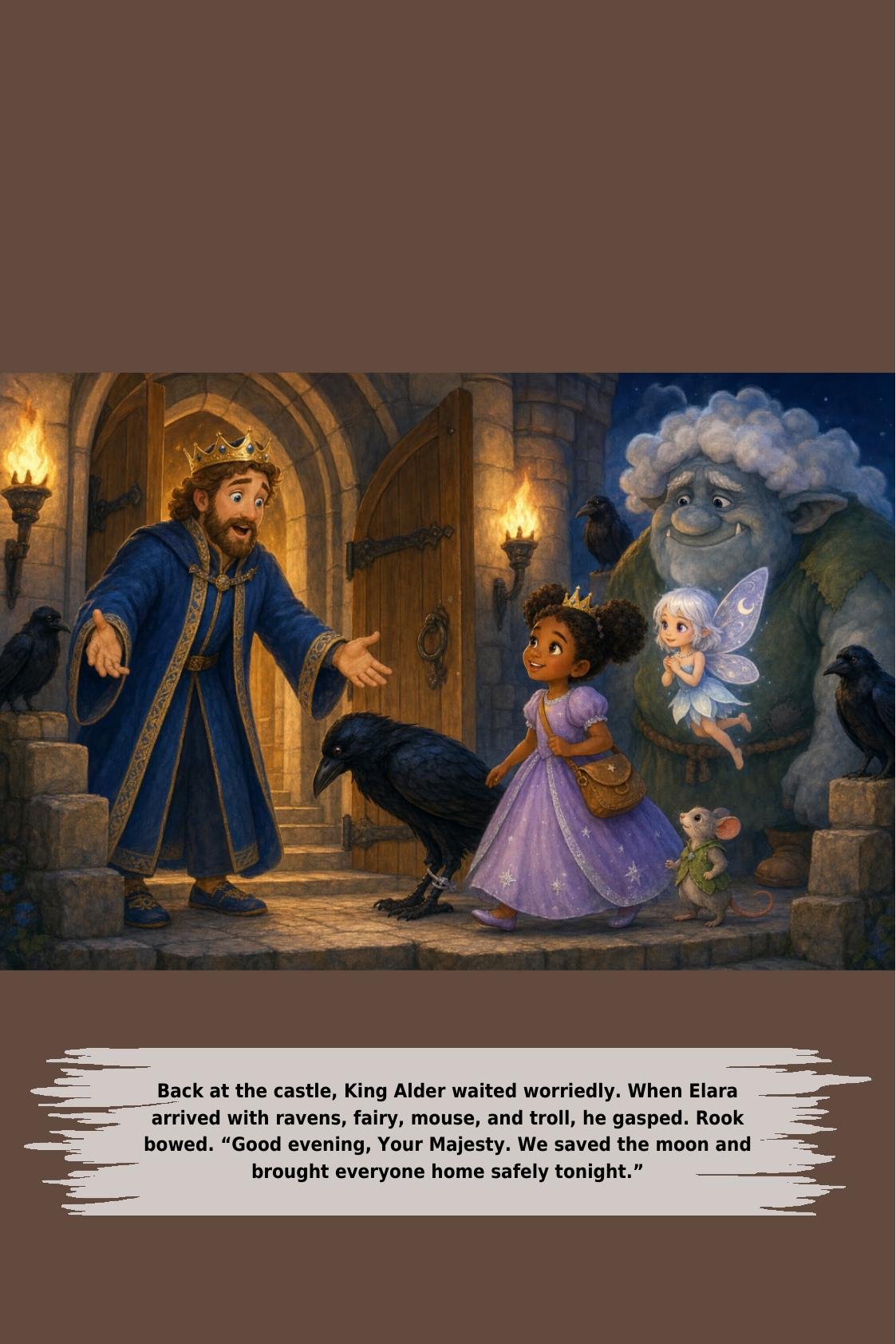 Back at the castle, King Alder waited worriedly. When Elara
arrived with ravens, fairy, mouse, and troll, he gasped. Rook
bowed. “Good evening, Your Majesty. We saved the moon and
brought everyone home safely tonight.”