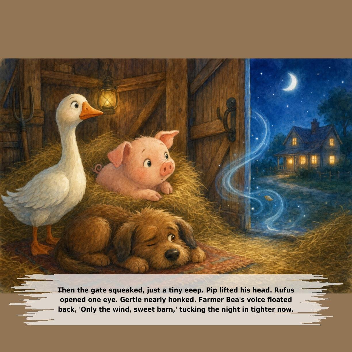 Then the gate squeaked, just a tiny eeep. Pip lifted his head. Rufus
opened one eye. Gertie nearly honked. Farmer Bea's voice floated
back, 'Only the wind, sweet barn,' tucking the night in tighter now.