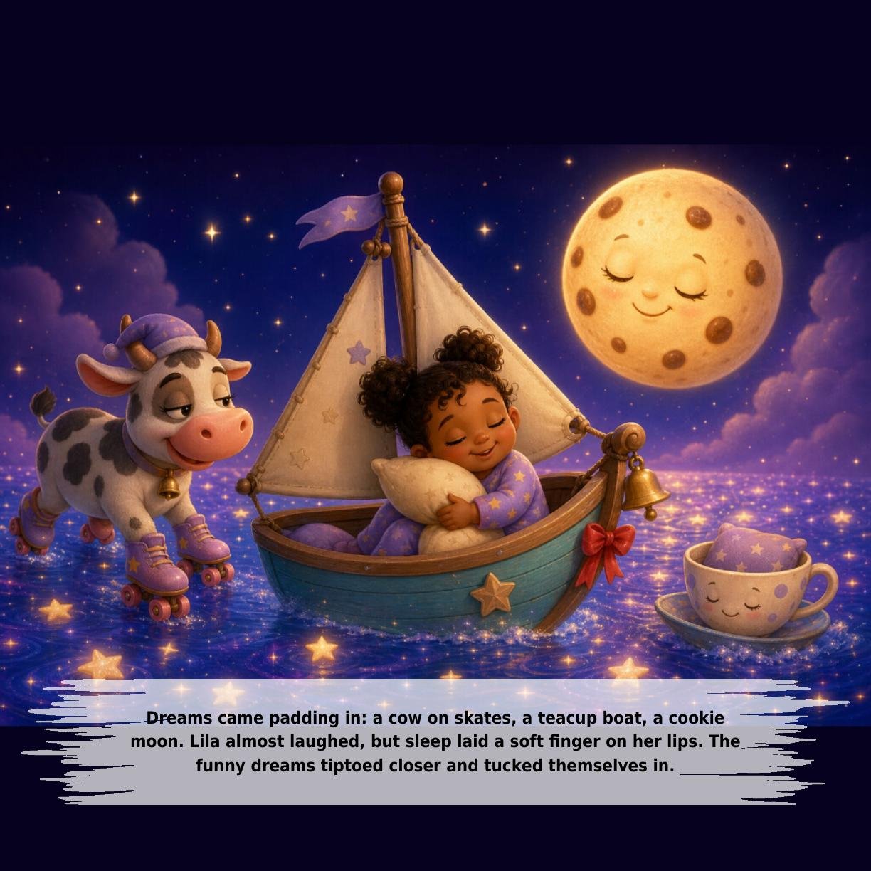 Dreams came padding in: a cow on skates, a teacup boat, a cookie
moon. Lila almost laughed, but sleep laid a soft finger on her lips. The
funny dreams tiptoed closer and tucked themselves in.