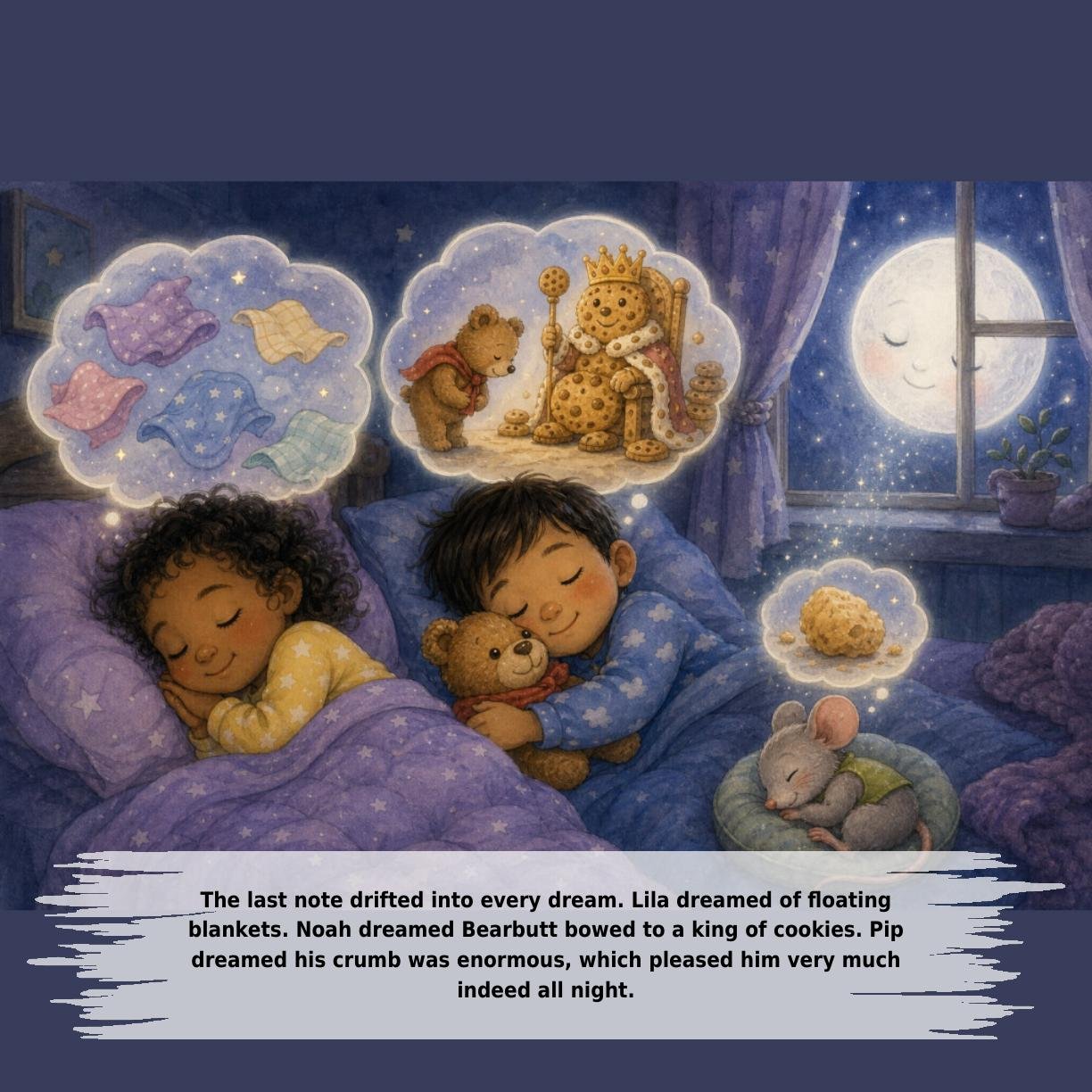 The last note drifted into every dream. Lila dreamed of floating
blankets. Noah dreamed Bearbutt bowed to a king of cookies. Pip
dreamed his crumb was enormous, which pleased him very much
indeed all night.