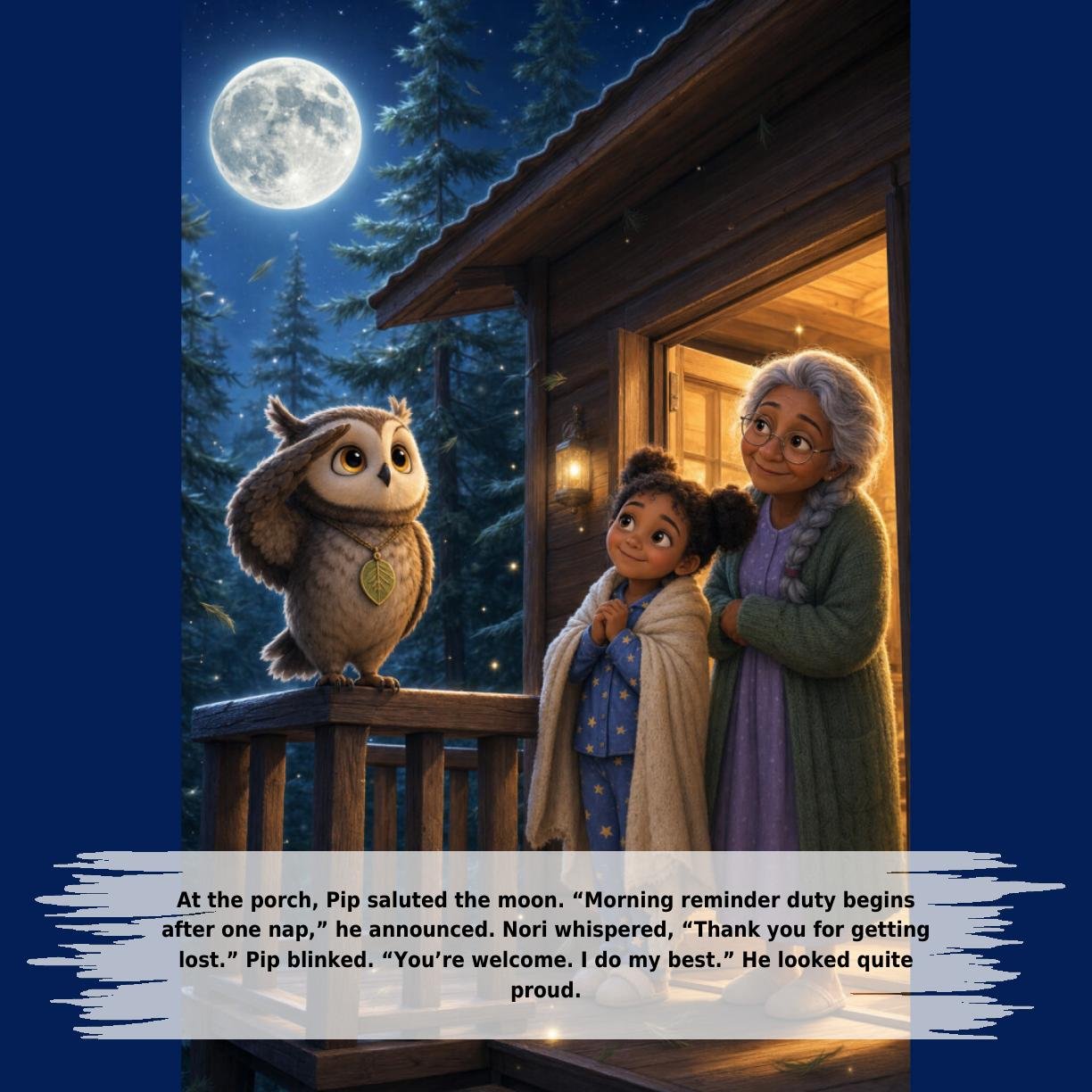 At the porch, Pip saluted the moon. “Morning reminder duty begins
after one nap,” he announced. Nori whispered, “Thank you for getting
lost.” Pip blinked. “You’re welcome. I do my best.” He looked quite
proud.