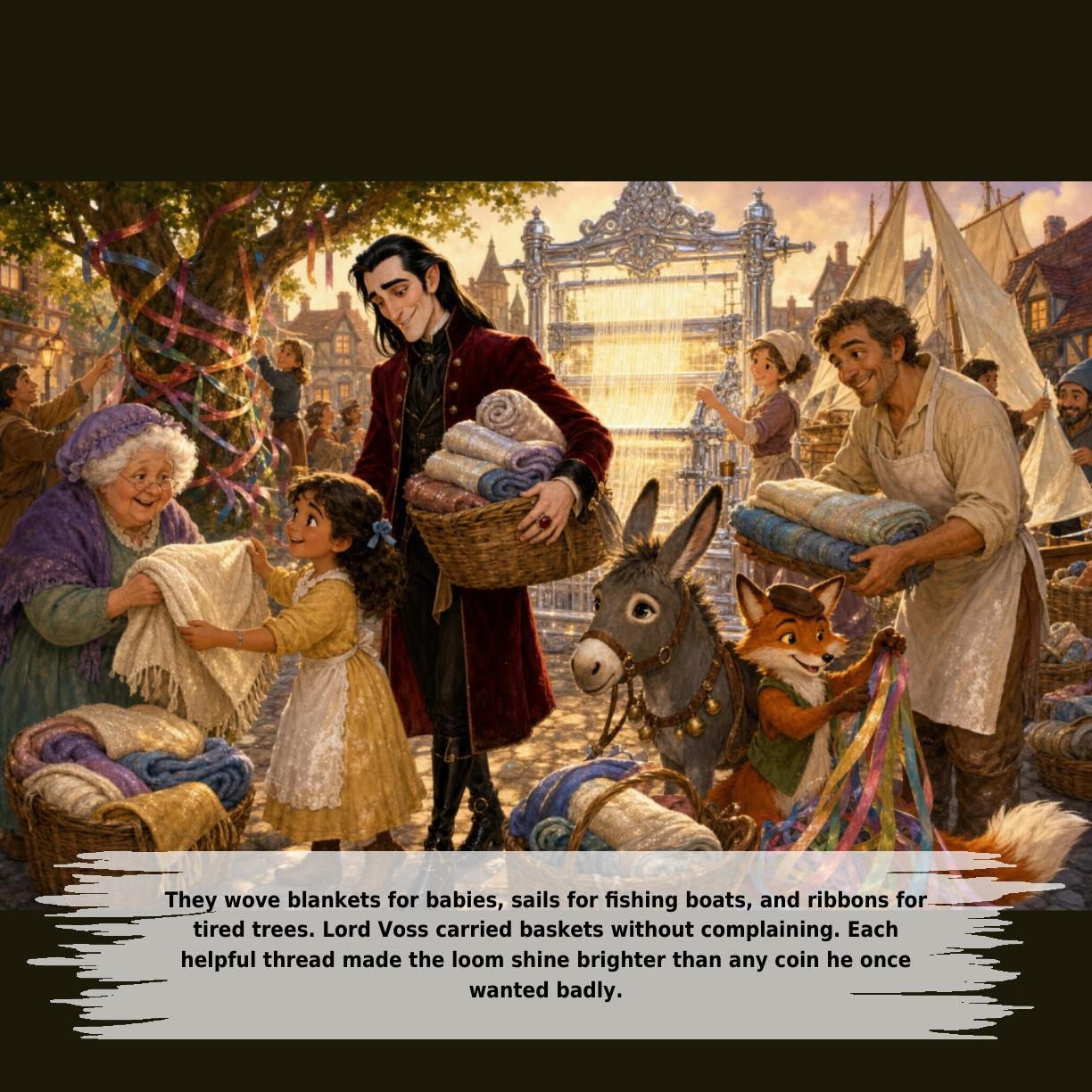 They wove blankets for babies, sails for fishing boats, and ribbons for
tired trees. Lord Voss carried baskets without complaining. Each
helpful thread made the loom shine brighter than any coin he once
wanted badly.