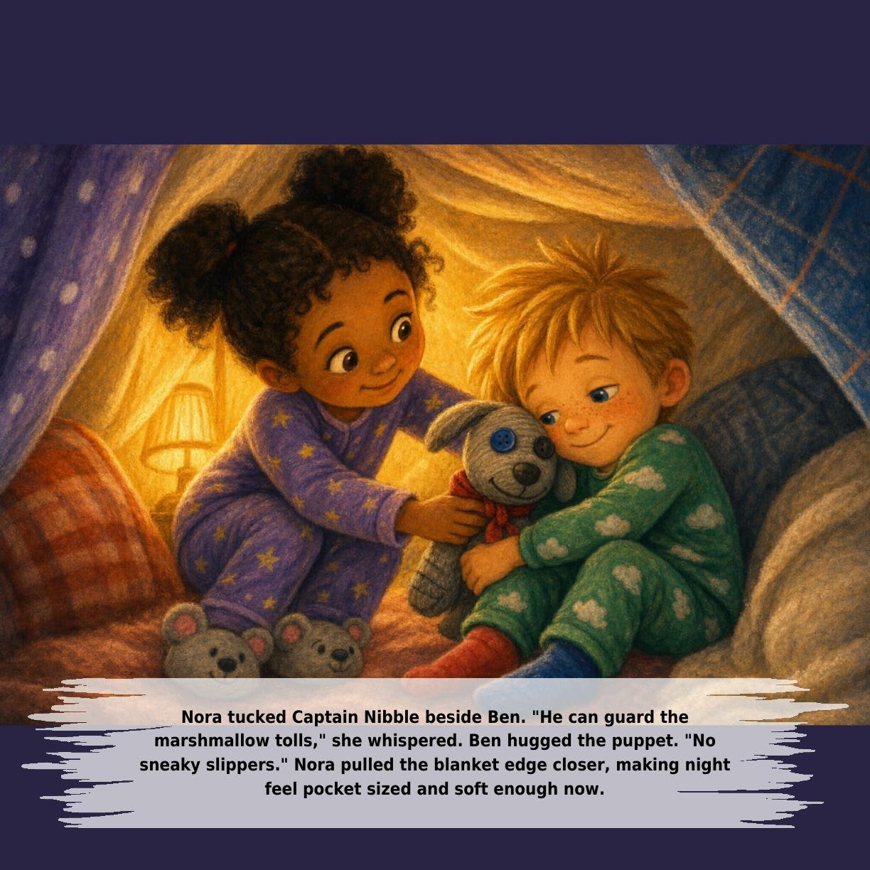 Nora tucked Captain Nibble beside Ben. "He can guard the
marshmallow tolls," she whispered. Ben hugged the puppet. "No
sneaky slippers." Nora pulled the blanket edge closer, making night
feel pocket sized and soft enough now.