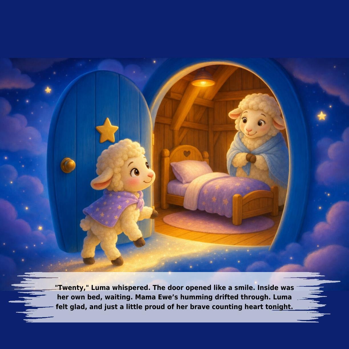 "Twenty," Luma whispered. The door opened like a smile. Inside was
her own bed, waiting. Mama Ewe’s humming drifted through. Luma
felt glad, and just a little proud of her brave counting heart tonight.