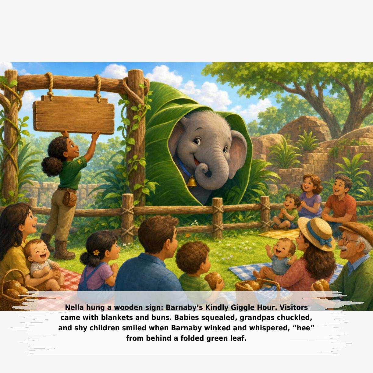 Nella hung a wooden sign: Barnaby’s Kindly Giggle Hour. Visitors
came with blankets and buns. Babies squealed, grandpas chuckled,
and shy children smiled when Barnaby winked and whispered, “hee”
from behind a folded green leaf.