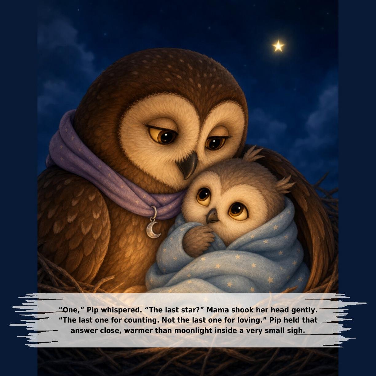 “One,” Pip whispered. “The last star?” Mama shook her head gently.
“The last one for counting. Not the last one for loving.” Pip held that
answer close, warmer than moonlight inside a very small sigh.