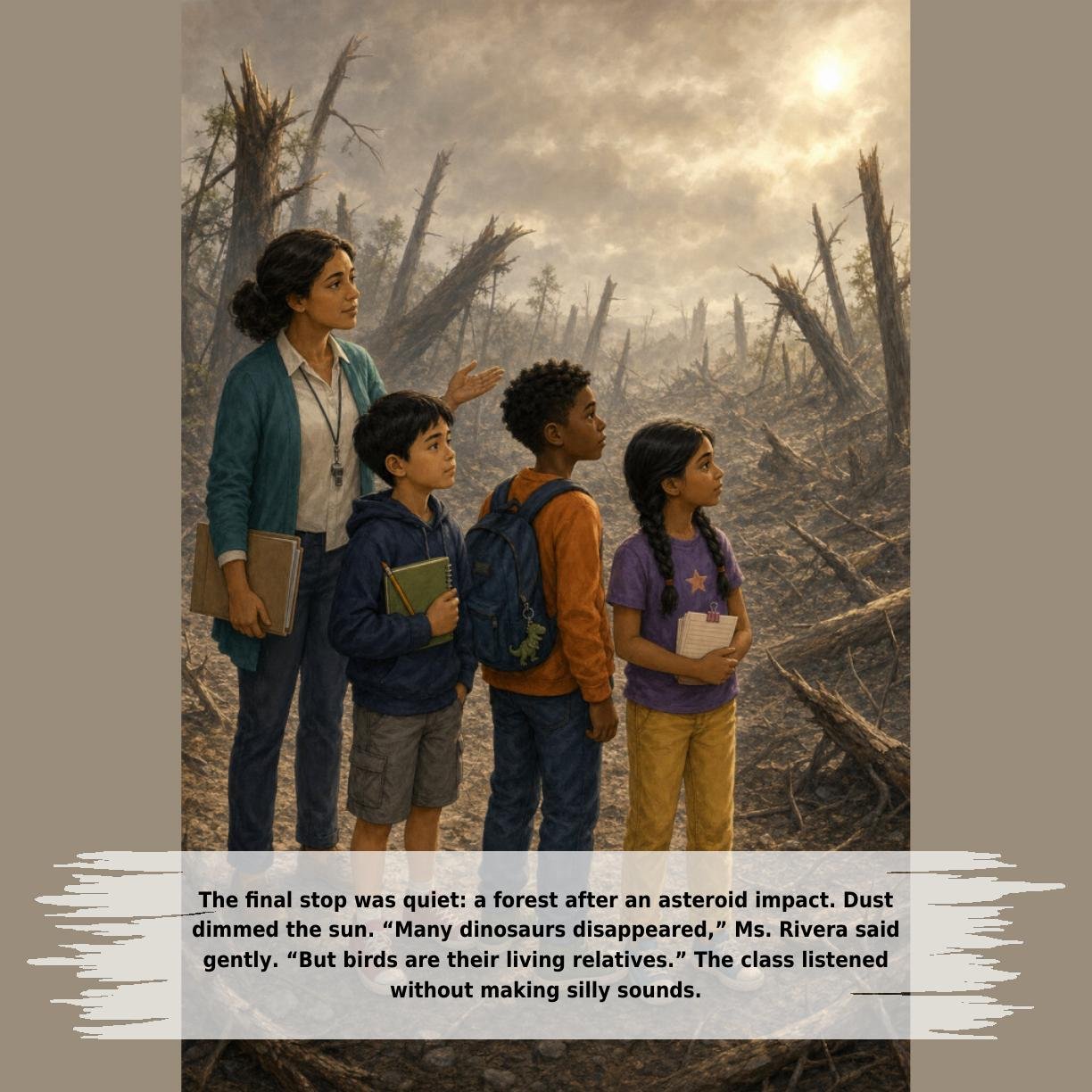 The final stop was quiet: a forest after an asteroid impact. Dust
dimmed the sun. “Many dinosaurs disappeared,” Ms. Rivera said
gently. “But birds are their living relatives.” The class listened
without making silly sounds.