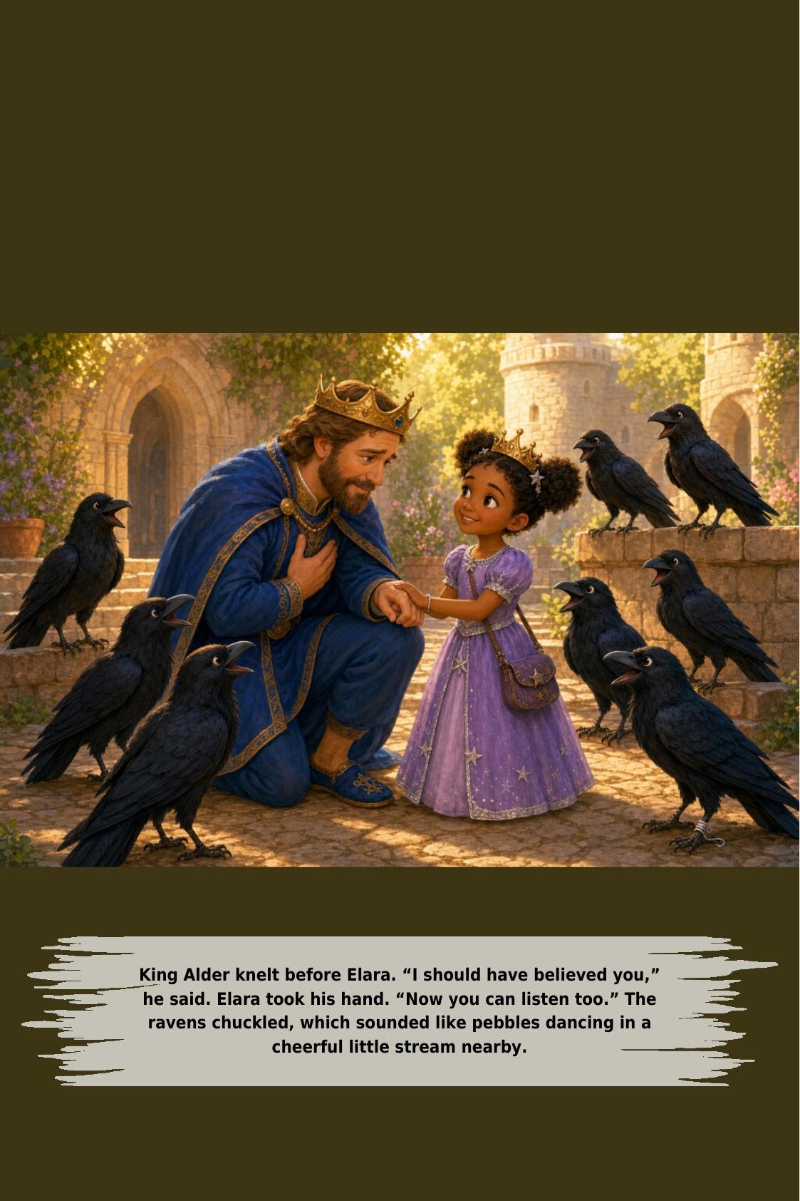 King Alder knelt before Elara. “I should have believed you,”
he said. Elara took his hand. “Now you can listen too.” The
ravens chuckled, which sounded like pebbles dancing in a
cheerful little stream nearby.