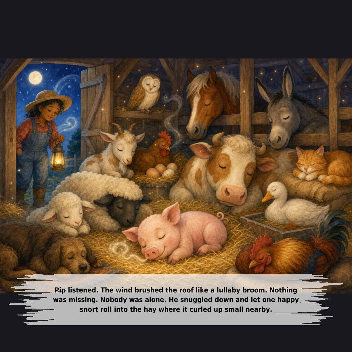 Pip listened. The wind brushed the roof like a lullaby broom. Nothing
was missing. Nobody was alone. He snuggled down and let one happy
snort roll into the hay where it curled up small nearby.