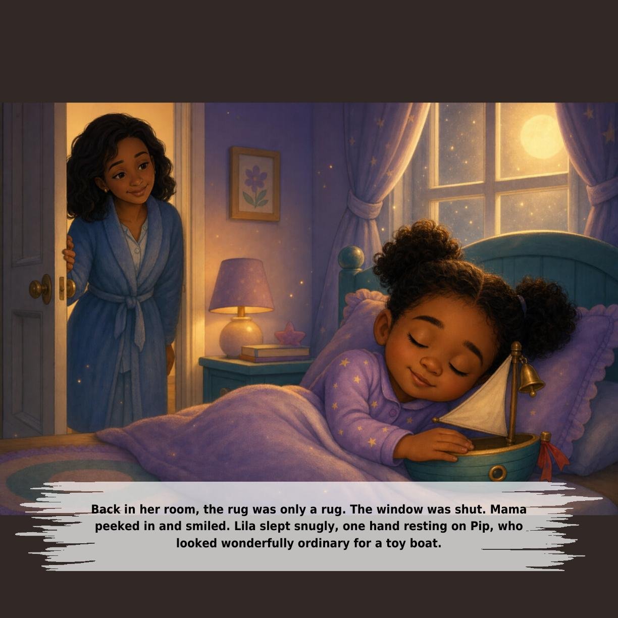 Back in her room, the rug was only a rug. The window was shut. Mama
peeked in and smiled. Lila slept snugly, one hand resting on Pip, who
looked wonderfully ordinary for a toy boat.