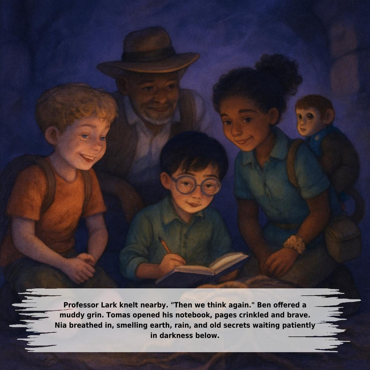 Professor Lark knelt nearby. "Then we think again." Ben offered a
muddy grin. Tomas opened his notebook, pages crinkled and brave.
Nia breathed in, smelling earth, rain, and old secrets waiting patiently
in darkness below.