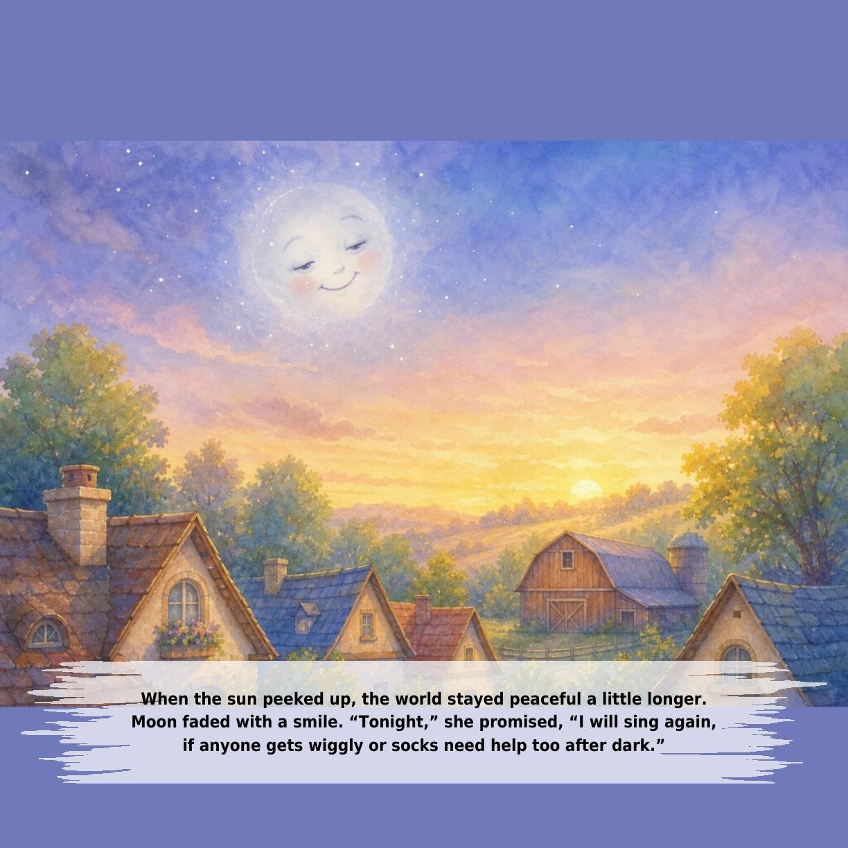 When the sun peeked up, the world stayed peaceful a little longer.
Moon faded with a smile. “Tonight,” she promised, “I will sing again,
if anyone gets wiggly or socks need help too after dark.”