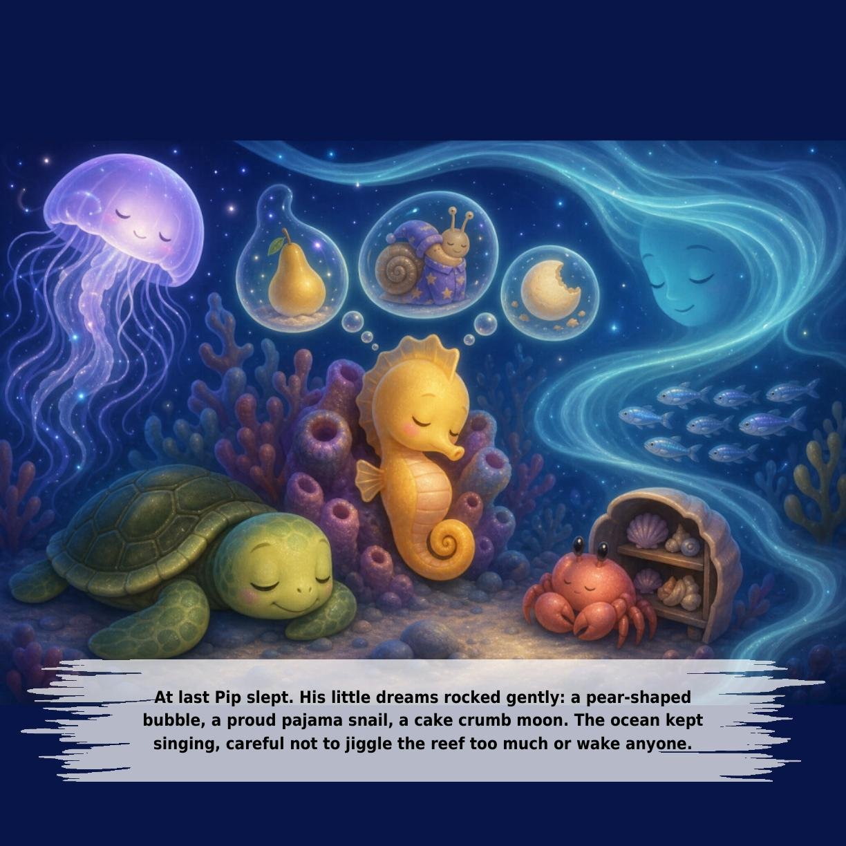 At last Pip slept. His little dreams rocked gently: a pear-shaped
bubble, a proud pajama snail, a cake crumb moon. The ocean kept
singing, careful not to jiggle the reef too much or wake anyone.