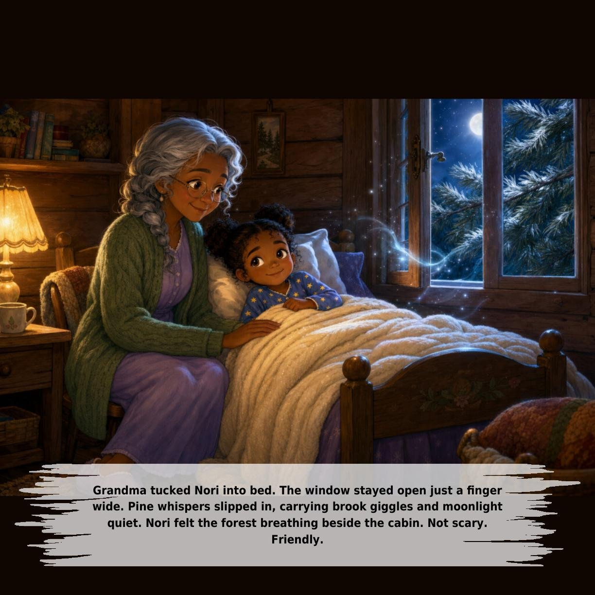 Grandma tucked Nori into bed. The window stayed open just a finger
wide. Pine whispers slipped in, carrying brook giggles and moonlight
quiet. Nori felt the forest breathing beside the cabin. Not scary.
Friendly.