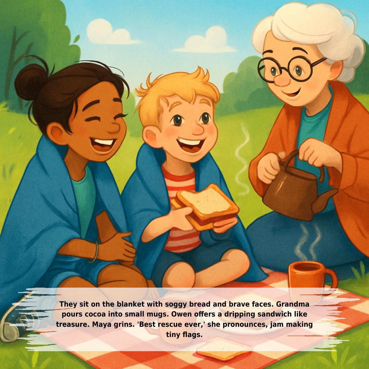 They sit on the blanket with soggy bread and brave faces. Grandma
pours cocoa into small mugs. Owen offers a dripping sandwich like
treasure. Maya grins. 'Best rescue ever,' she pronounces, jam making
tiny flags.