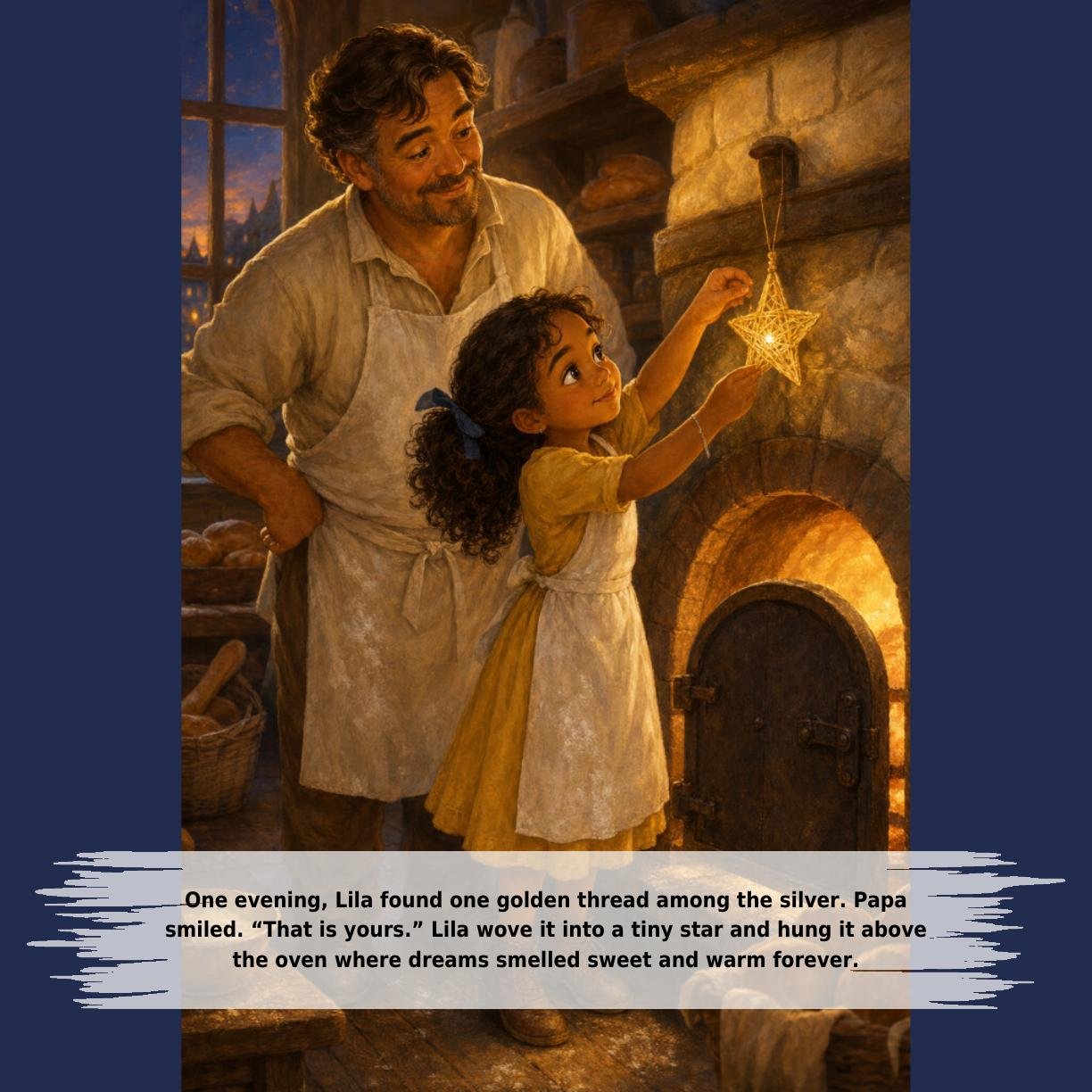 One evening, Lila found one golden thread among the silver. Papa
smiled. “That is yours.” Lila wove it into a tiny star and hung it above
the oven where dreams smelled sweet and warm forever.