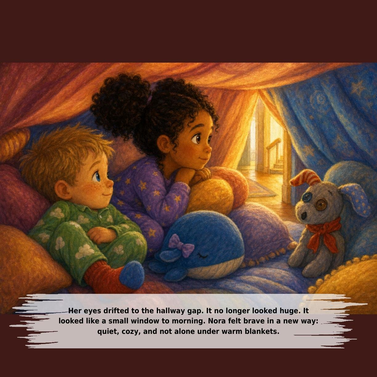 Her eyes drifted to the hallway gap. It no longer looked huge. It
looked like a small window to morning. Nora felt brave in a new way:
quiet, cozy, and not alone under warm blankets.