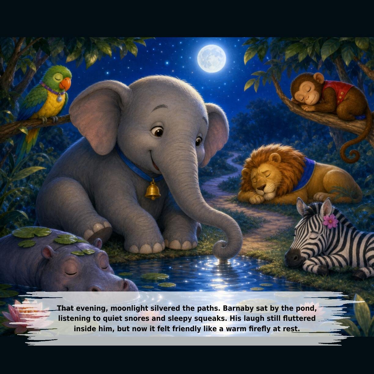 That evening, moonlight silvered the paths. Barnaby sat by the pond,
listening to quiet snores and sleepy squeaks. His laugh still fluttered
inside him, but now it felt friendly like a warm firefly at rest.