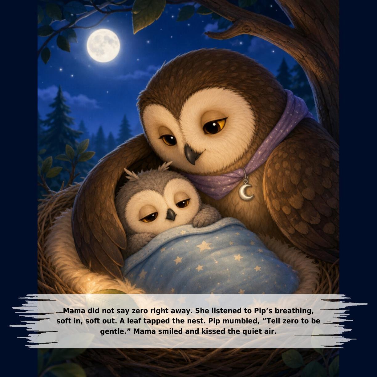 Mama did not say zero right away. She listened to Pip’s breathing,
soft in, soft out. A leaf tapped the nest. Pip mumbled, “Tell zero to be
gentle.” Mama smiled and kissed the quiet air.