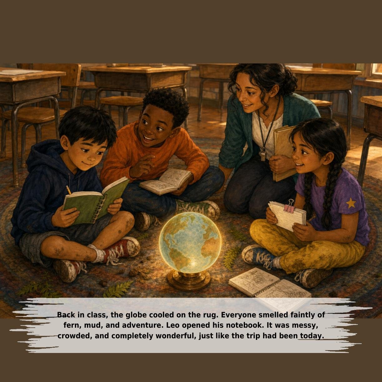 Back in class, the globe cooled on the rug. Everyone smelled faintly of
fern, mud, and adventure. Leo opened his notebook. It was messy,
crowded, and completely wonderful, just like the trip had been today.