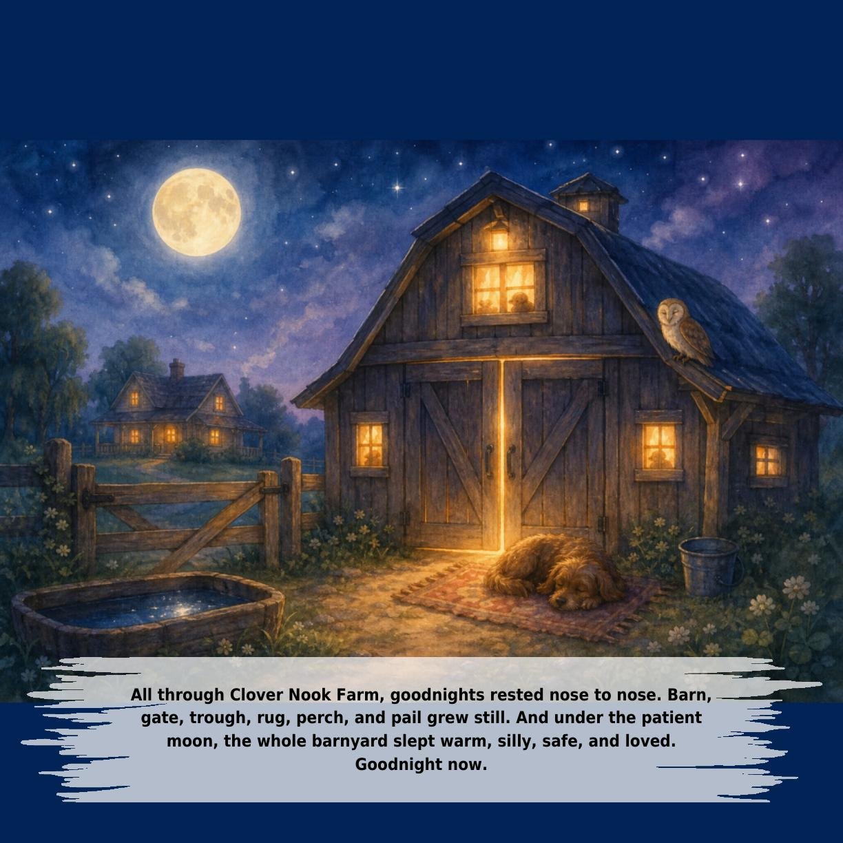 All through Clover Nook Farm, goodnights rested nose to nose. Barn,
gate, trough, rug, perch, and pail grew still. And under the patient
moon, the whole barnyard slept warm, silly, safe, and loved.
Goodnight now.