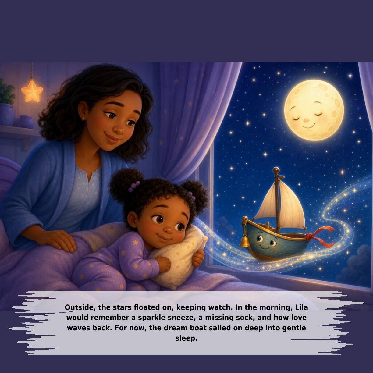 Outside, the stars floated on, keeping watch. In the morning, Lila
would remember a sparkle sneeze, a missing sock, and how love
waves back. For now, the dream boat sailed on deep into gentle
sleep.