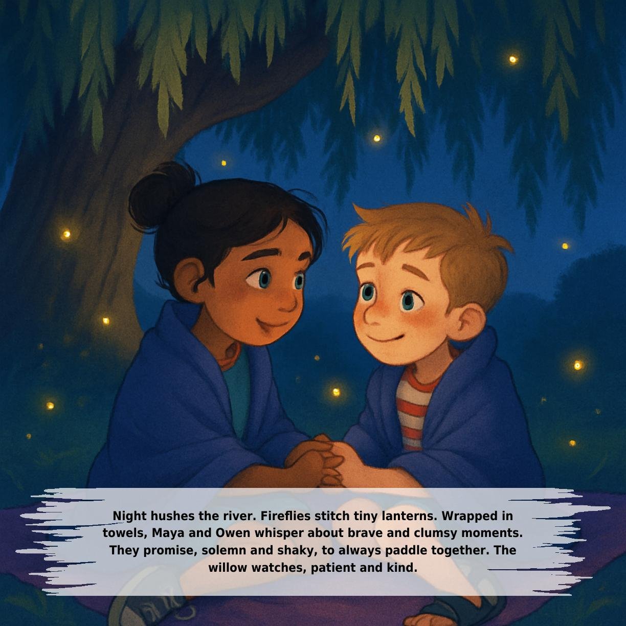 Night hushes the river. Fireflies stitch tiny lanterns. Wrapped in
towels, Maya and Owen whisper about brave and clumsy moments.
They promise, solemn and shaky, to always paddle together. The
willow watches, patient and kind.