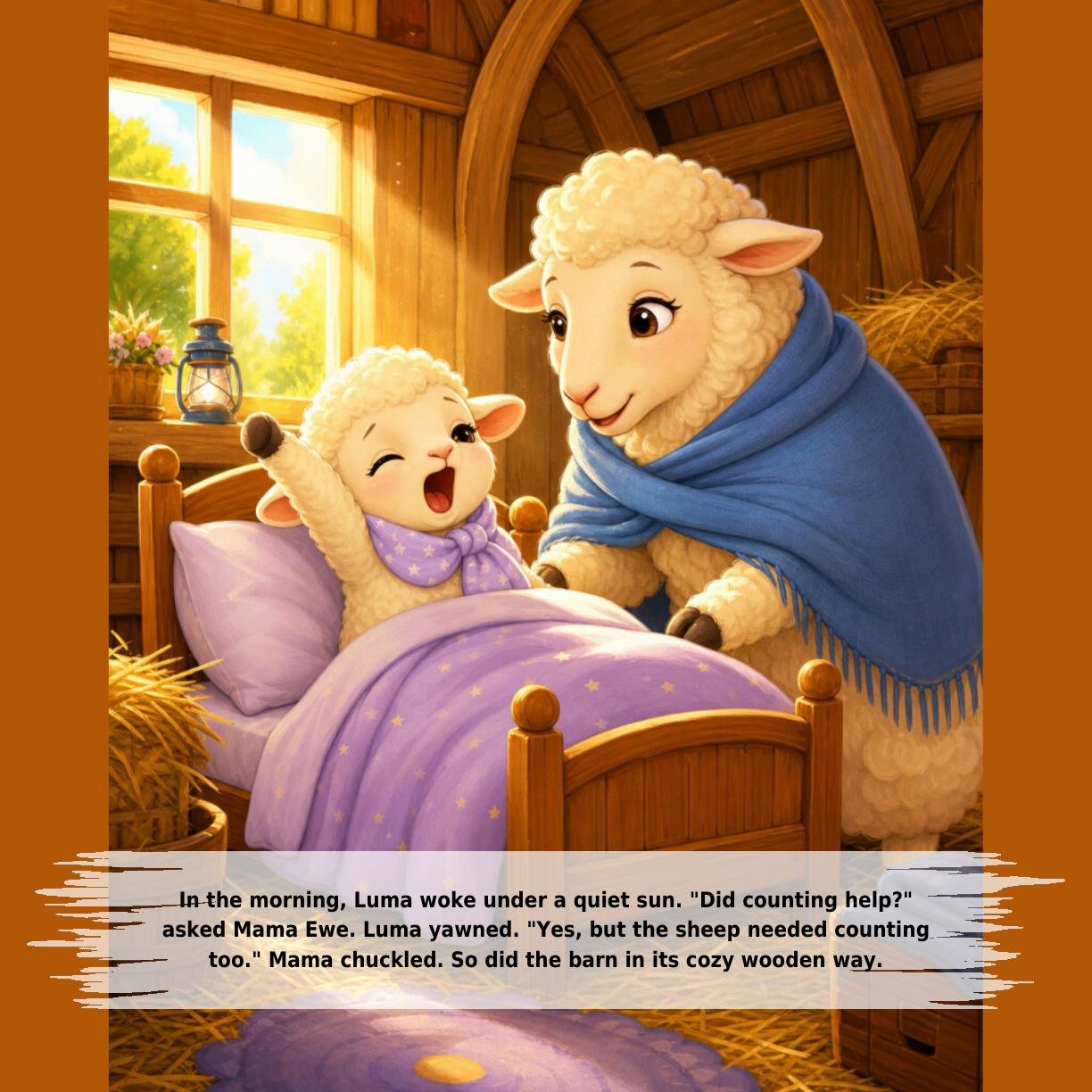 In the morning, Luma woke under a quiet sun. "Did counting help?"
asked Mama Ewe. Luma yawned. "Yes, but the sheep needed counting
too." Mama chuckled. So did the barn in its cozy wooden way.