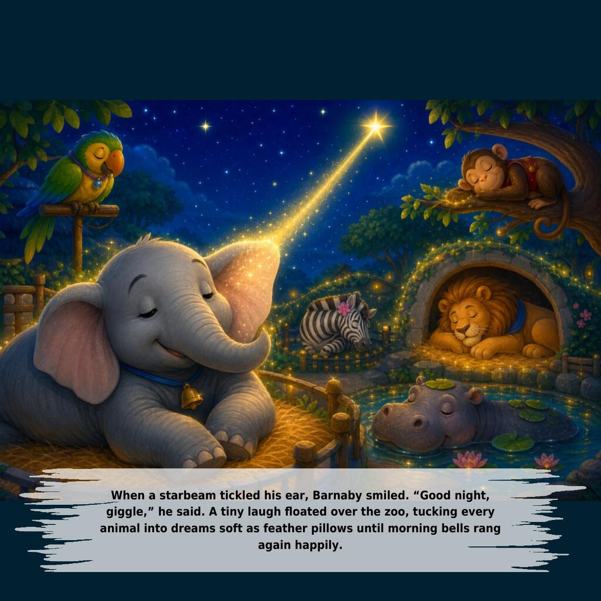 When a starbeam tickled his ear, Barnaby smiled. “Good night,
giggle,” he said. A tiny laugh floated over the zoo, tucking every
animal into dreams soft as feather pillows until morning bells rang
again happily.