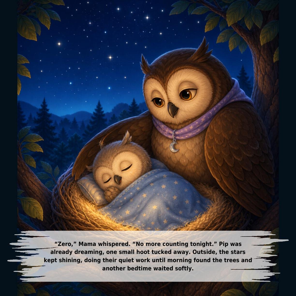 “Zero,” Mama whispered. “No more counting tonight.” Pip was
already dreaming, one small hoot tucked away. Outside, the stars
kept shining, doing their quiet work until morning found the trees and
another bedtime waited softly.