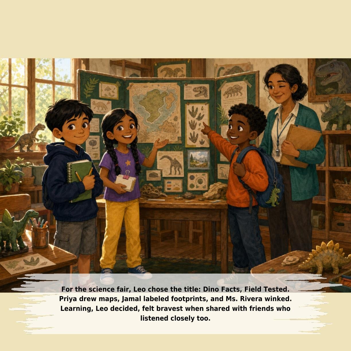 For the science fair, Leo chose the title: Dino Facts, Field Tested.
Priya drew maps, Jamal labeled footprints, and Ms. Rivera winked.
Learning, Leo decided, felt bravest when shared with friends who
listened closely too.