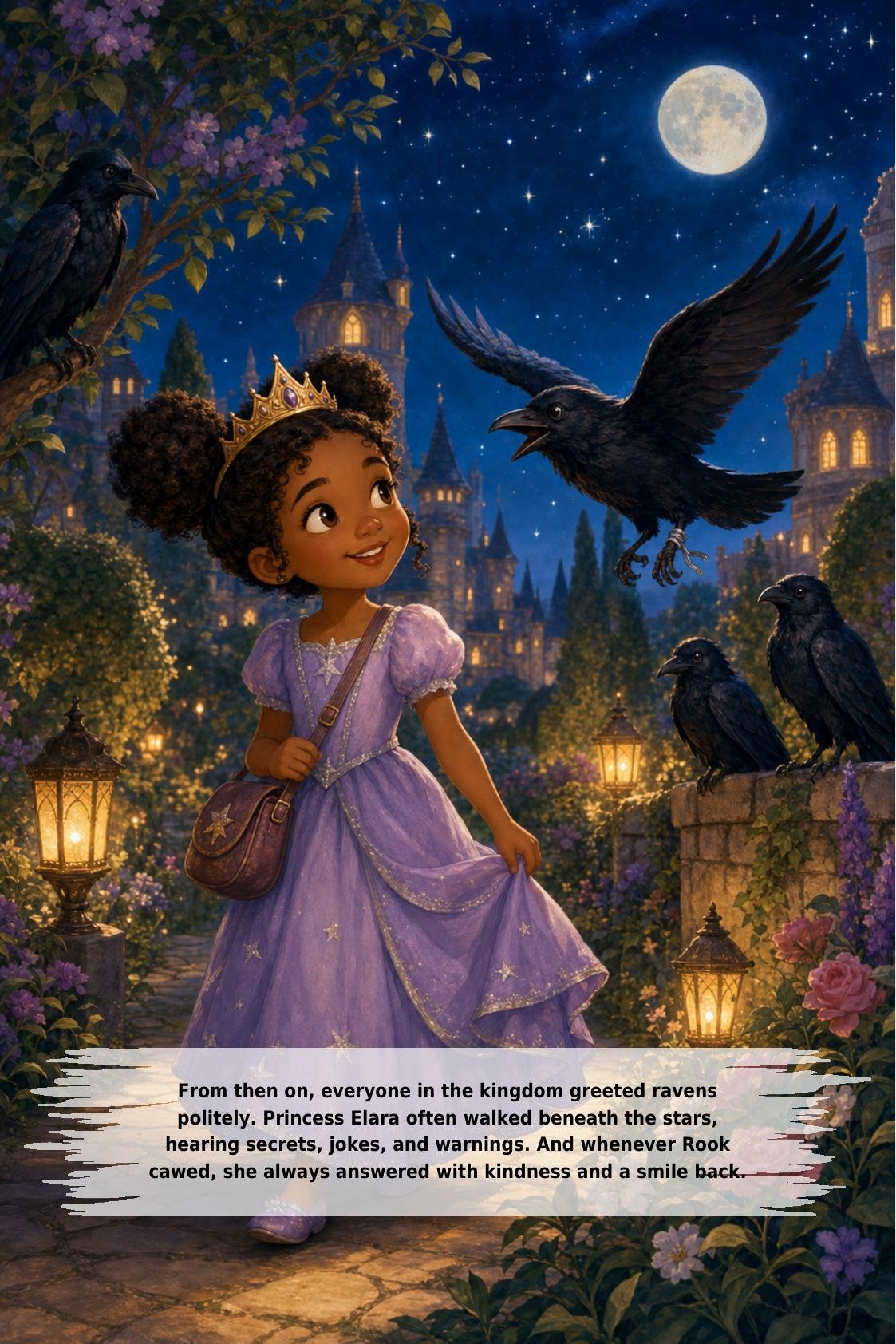 From then on, everyone in the kingdom greeted ravens
politely. Princess Elara often walked beneath the stars,
hearing secrets, jokes, and warnings. And whenever Rook
cawed, she always answered with kindness and a smile back.