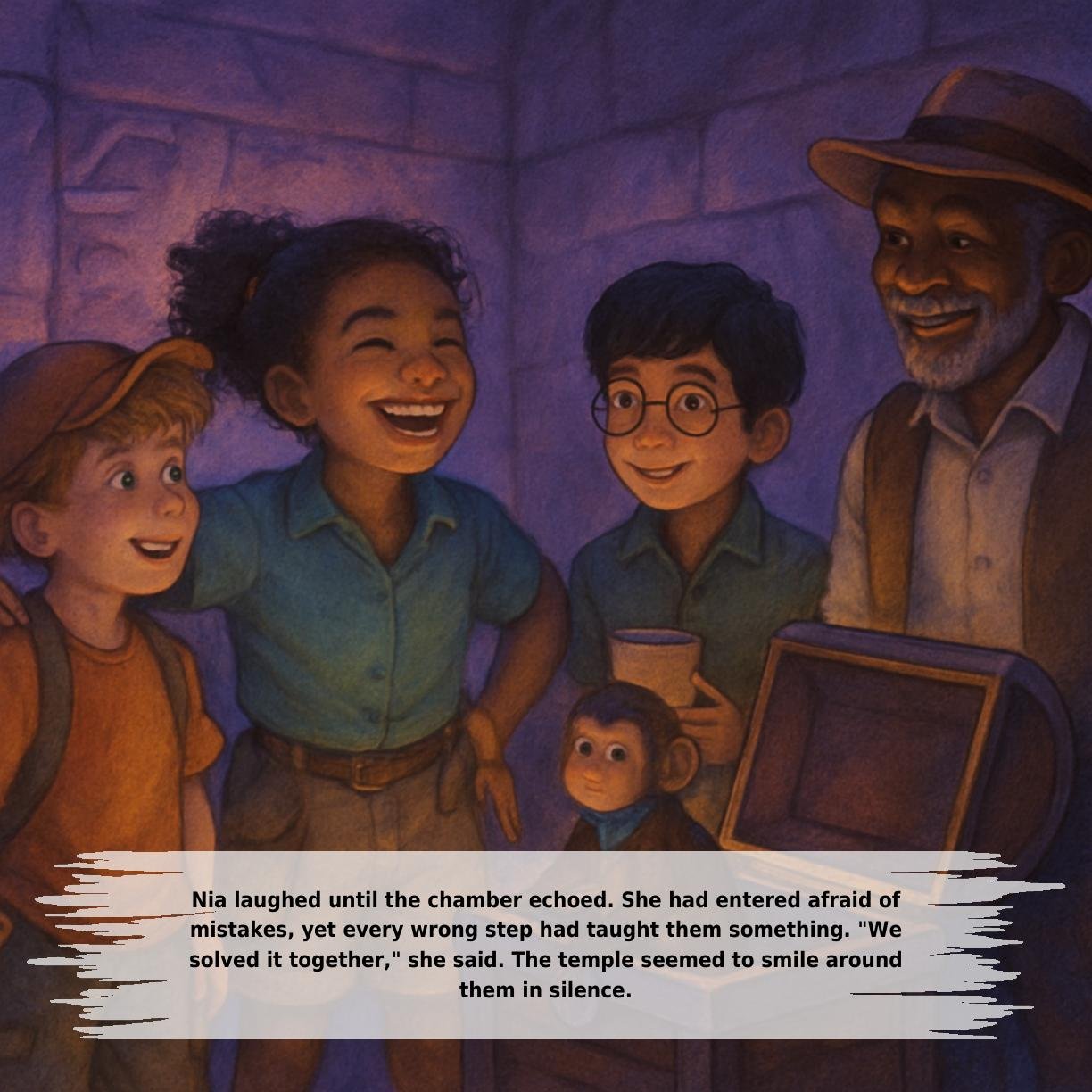 Nia laughed until the chamber echoed. She had entered afraid of
mistakes, yet every wrong step had taught them something. "We
solved it together," she said. The temple seemed to smile around
them in silence.