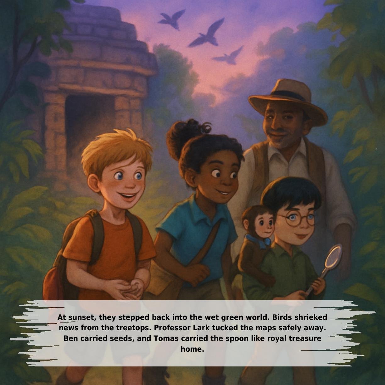 At sunset, they stepped back into the wet green world. Birds shrieked
news from the treetops. Professor Lark tucked the maps safely away.
Ben carried seeds, and Tomas carried the spoon like royal treasure
home.