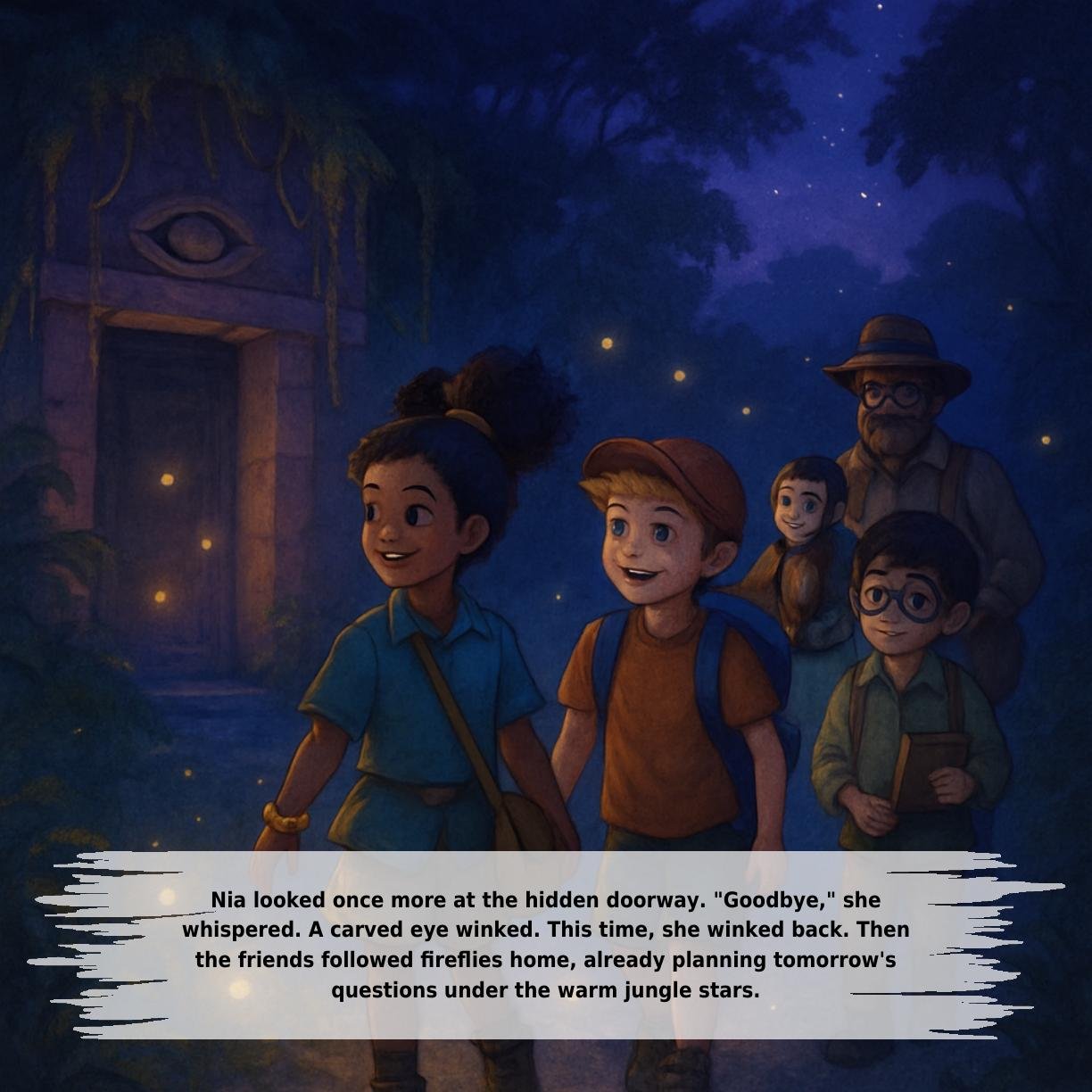 Nia looked once more at the hidden doorway. "Goodbye," she
whispered. A carved eye winked. This time, she winked back. Then
the friends followed fireflies home, already planning tomorrow's
questions under the warm jungle stars.