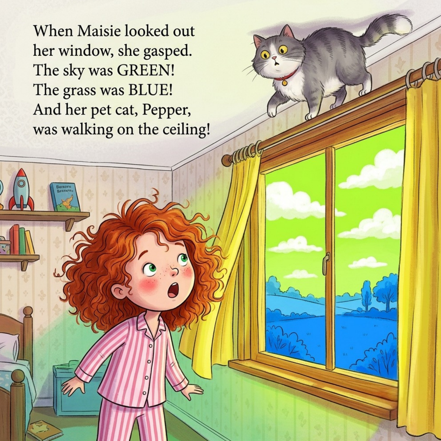 When Maisie looked out her window, she gasped. The sky was GREEN! The grass was BLUE! And her pet cat, Pepper, was walking on the ceiling!